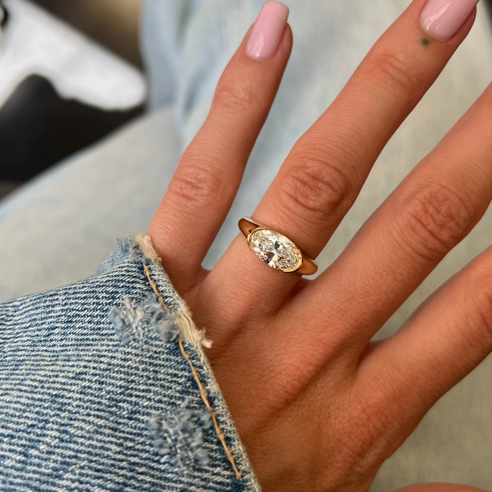 Half Bezel Set Oval Cut Diamond Signet Engagement Ring