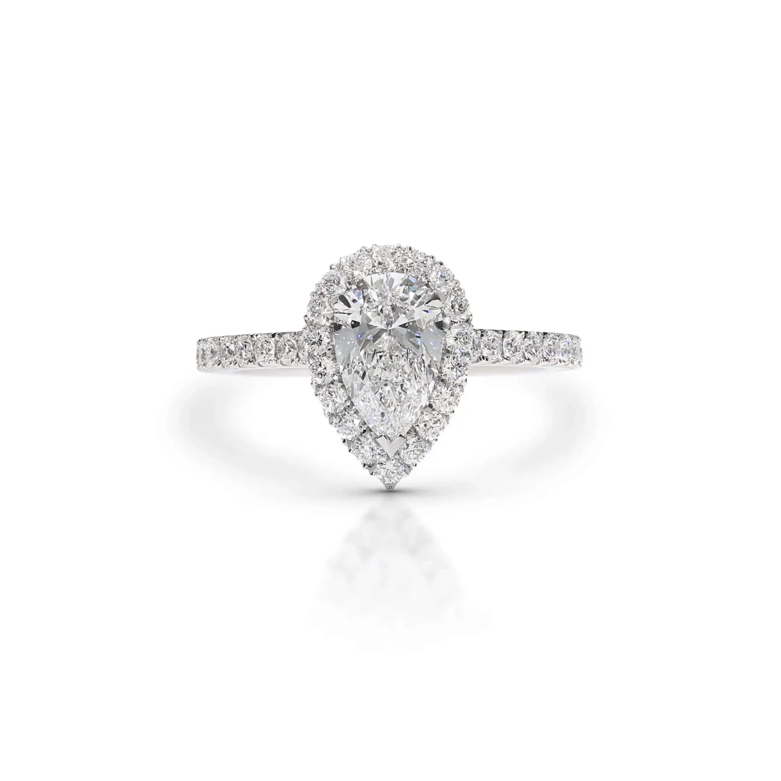 Pear Shaped Halo Engagement Ring With Scallop Set Diamonds
