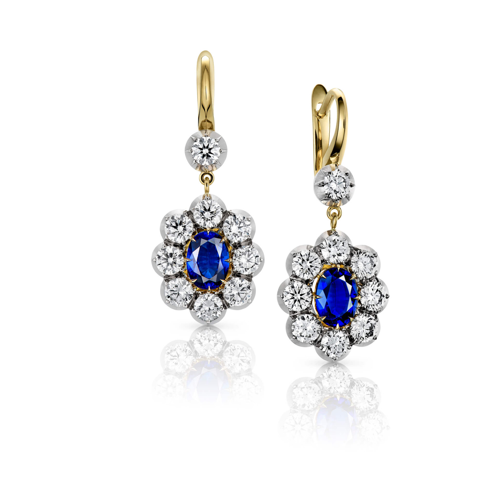 Oval Blue Sapphire and Diamond Cluster Drop Earrings