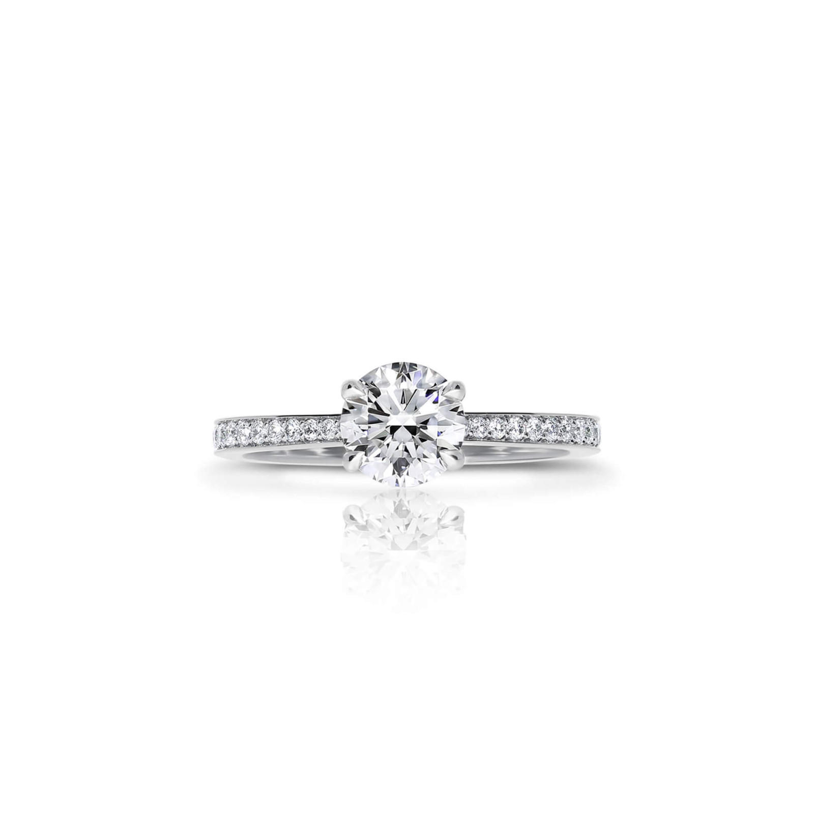 Four Claw Round Diamond Engagement Ring with Pavé Set Diamond Band
