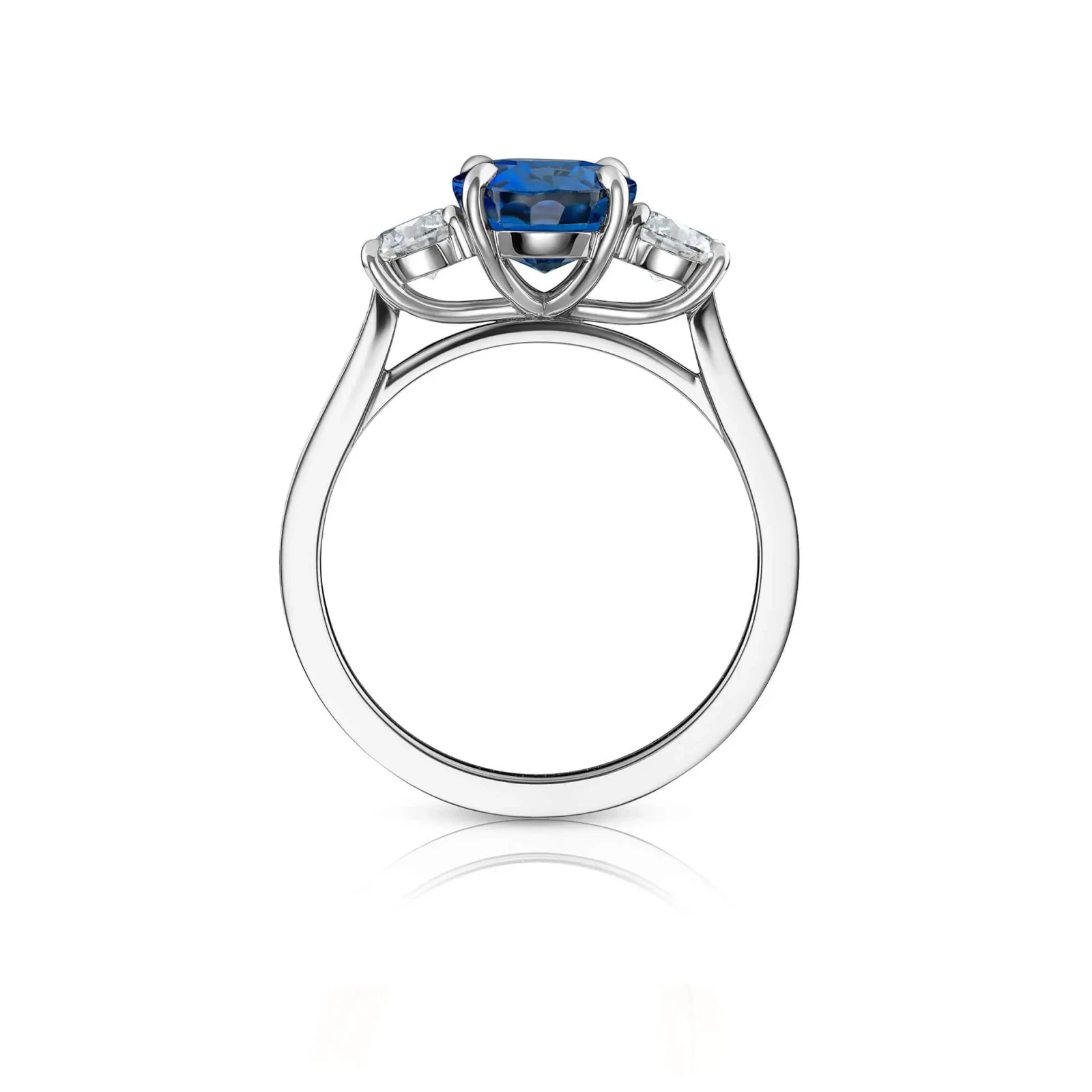 Wedding Ring Friendly Blue Oval Sapphire Trilogy Ring With Round Diamond Side Stones and Pavé Set Shouldersrs