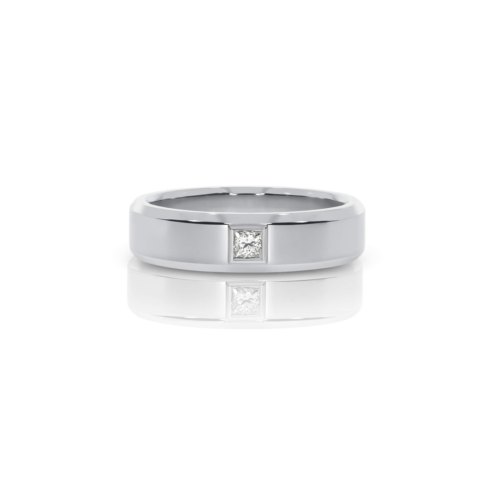 Bevelled Edge Wedding Ring With Bezel Set Princess Cut Diamond