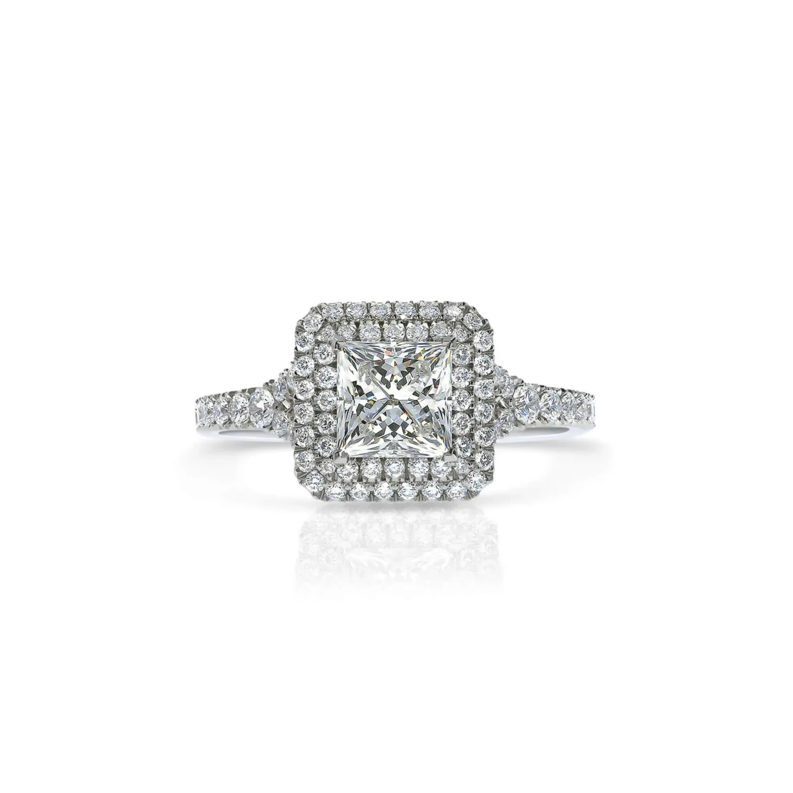 Scallop Set Princess Cut Diamond Double Halo Engagement Ring