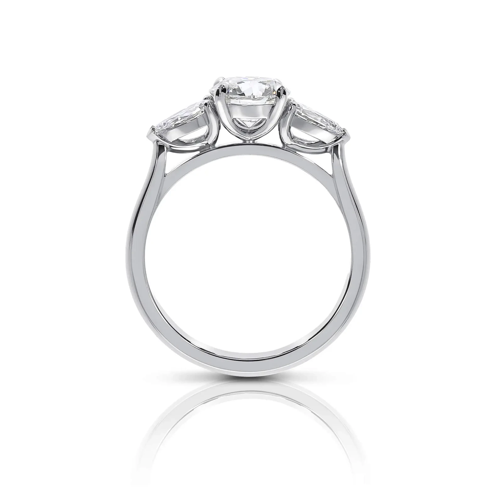 Round Diamond Trilogy Engagement Ring with Pear Shaped Side Stones