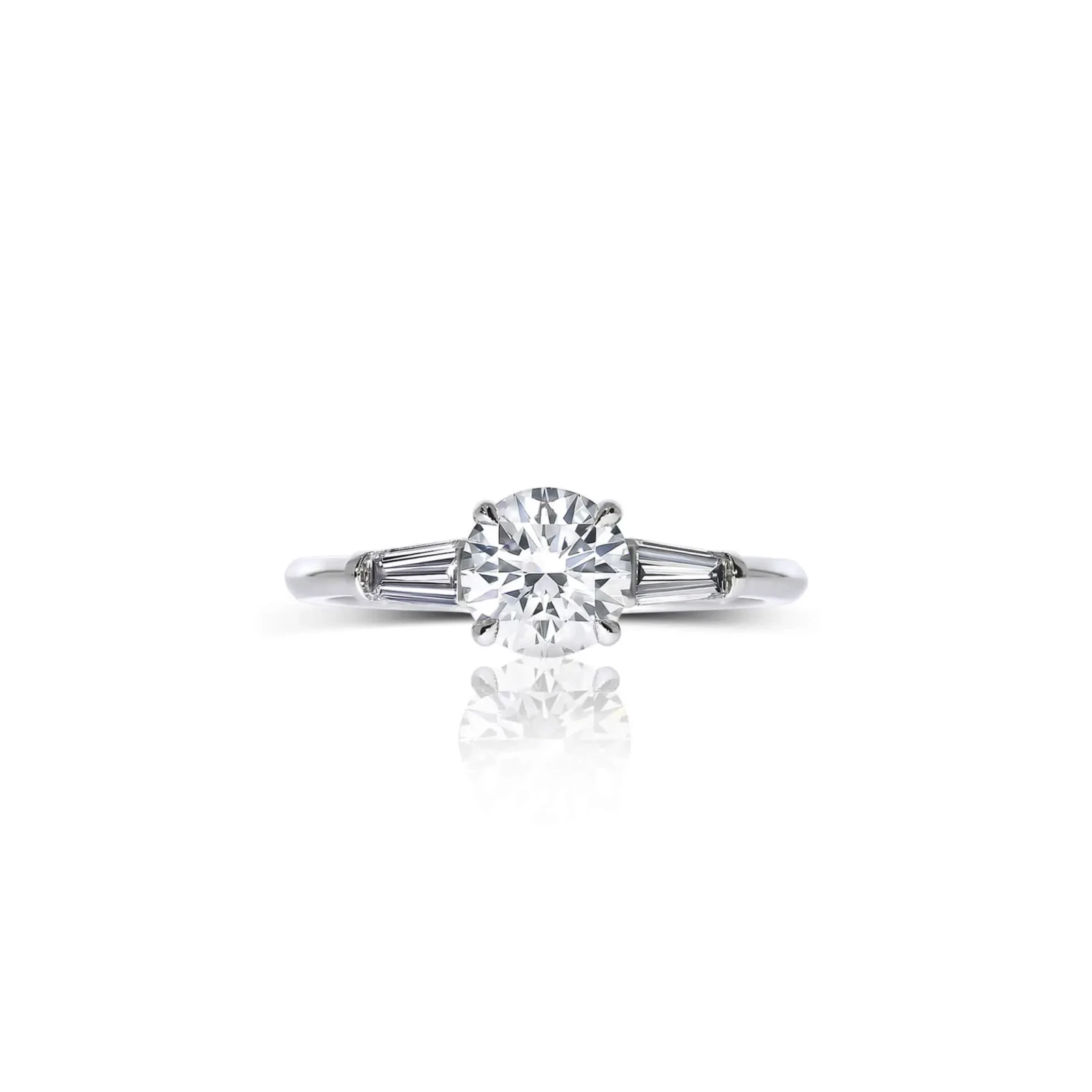 Round Diamond Trilogy Engagement Ring with Tapered Baguette Cut Side Stones