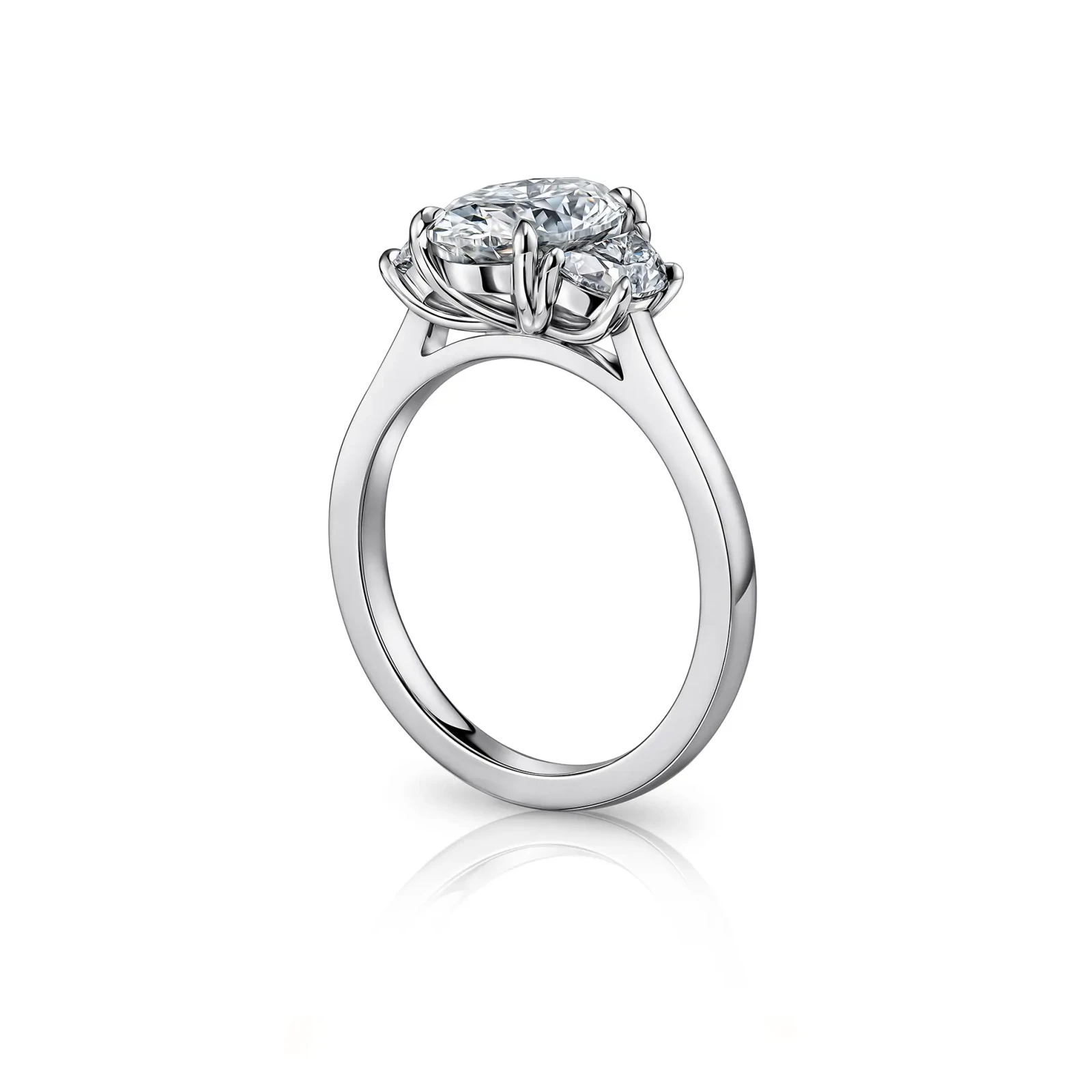 Three Stone Oval Diamond Engagement Ring with Half-Moon Diamonds