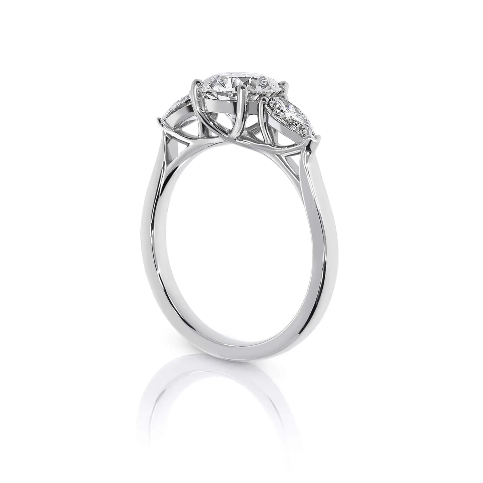 Three Stone Round Diamond Engagement Ring with Pear Shaped Side Stones