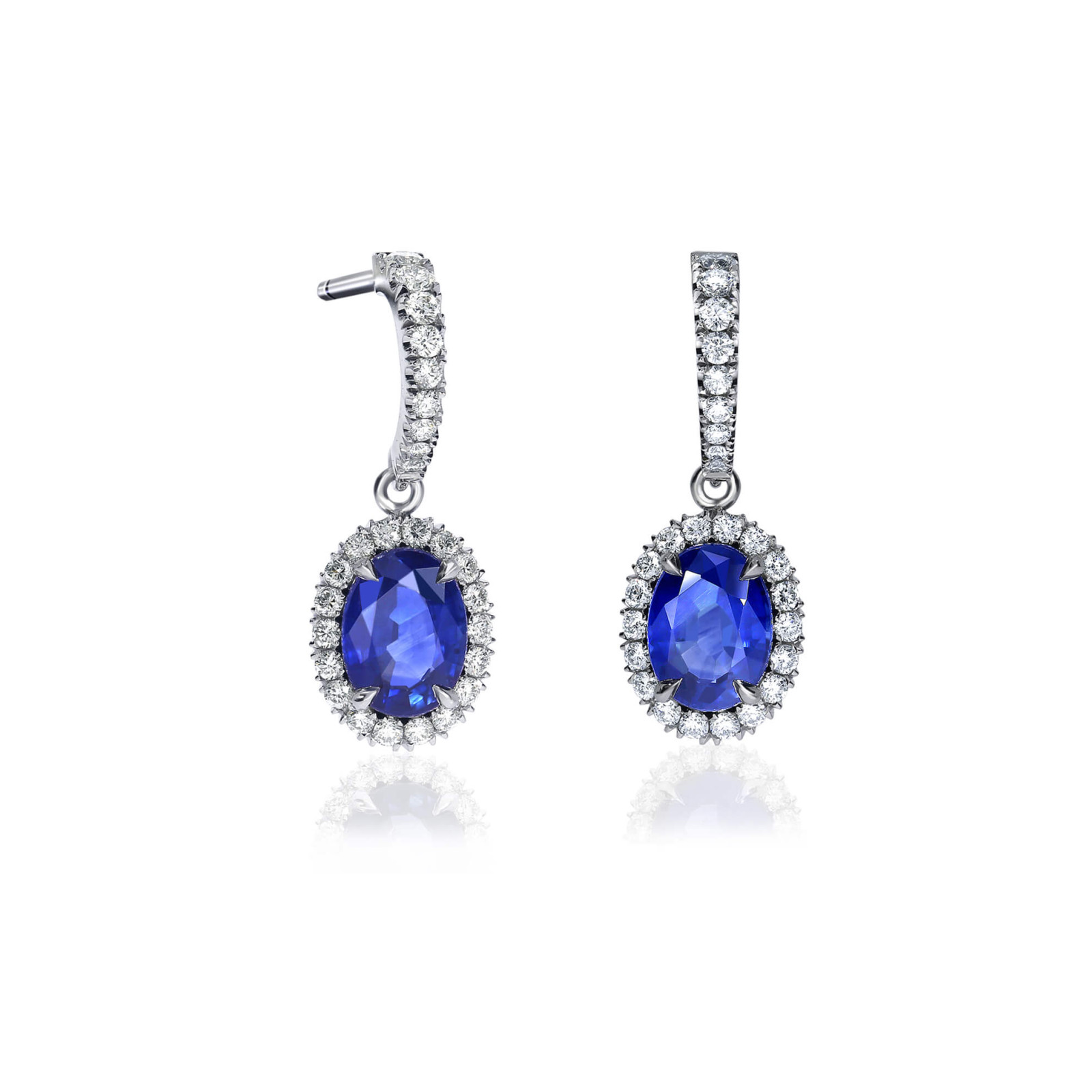 Oval Blue Sapphire Halo Drop Earrings