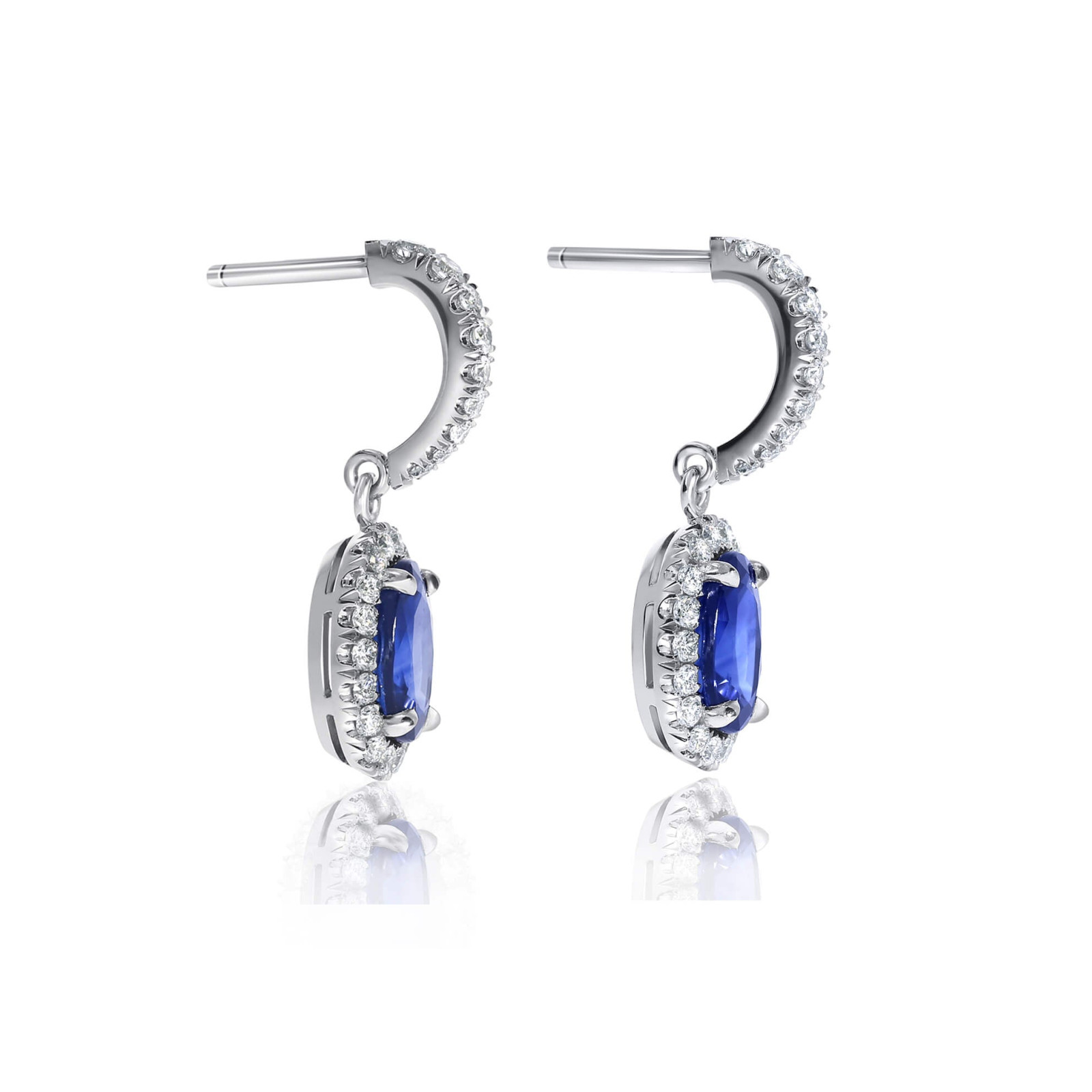 Oval Blue Sapphire Halo Drop Earrings