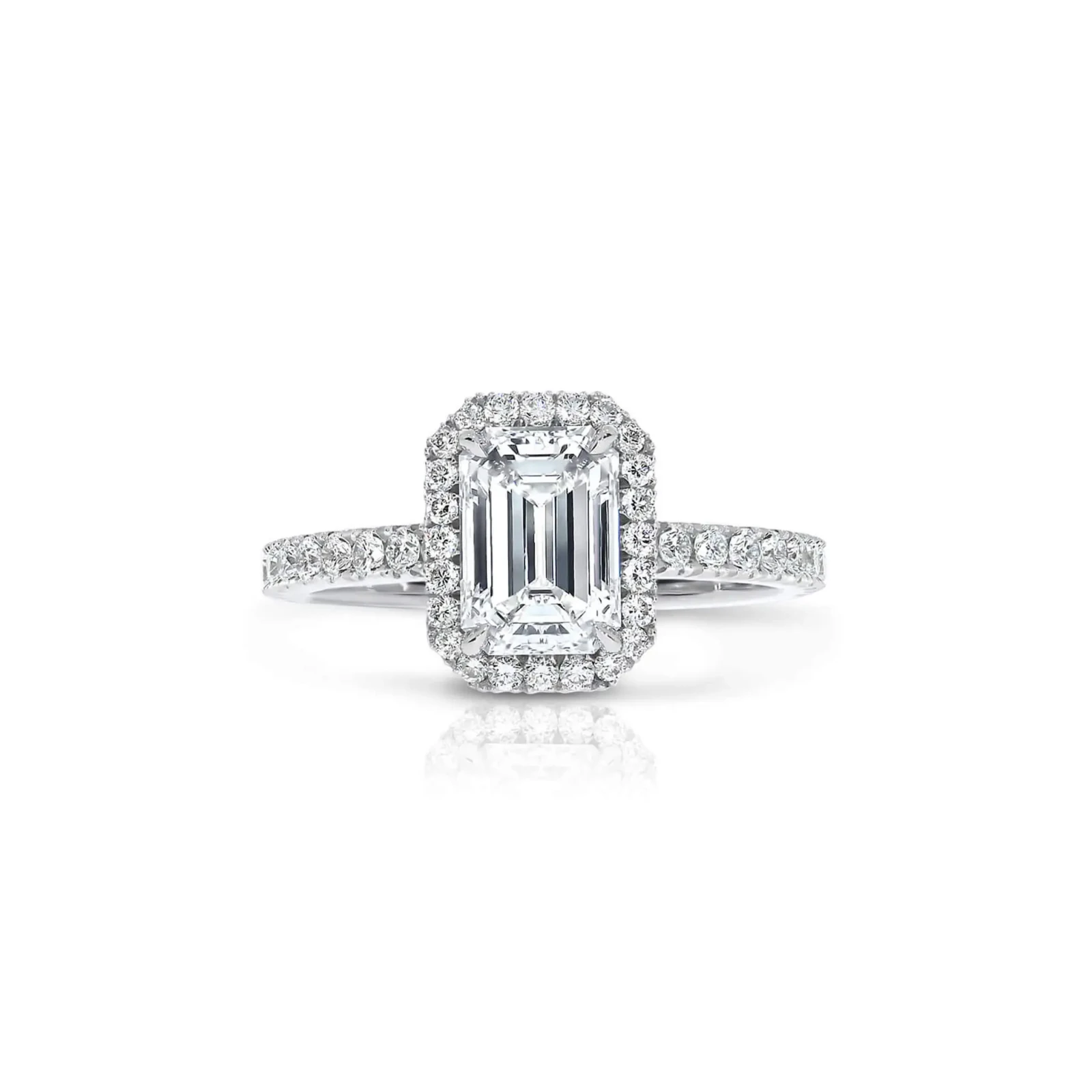 Scallop Set Emerald Cut Diamond Halo Engagement Ring