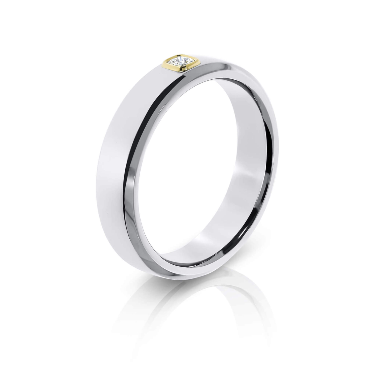 Bevelled Edge Wedding Ring With Bezel Set Cushion Cut Diamond