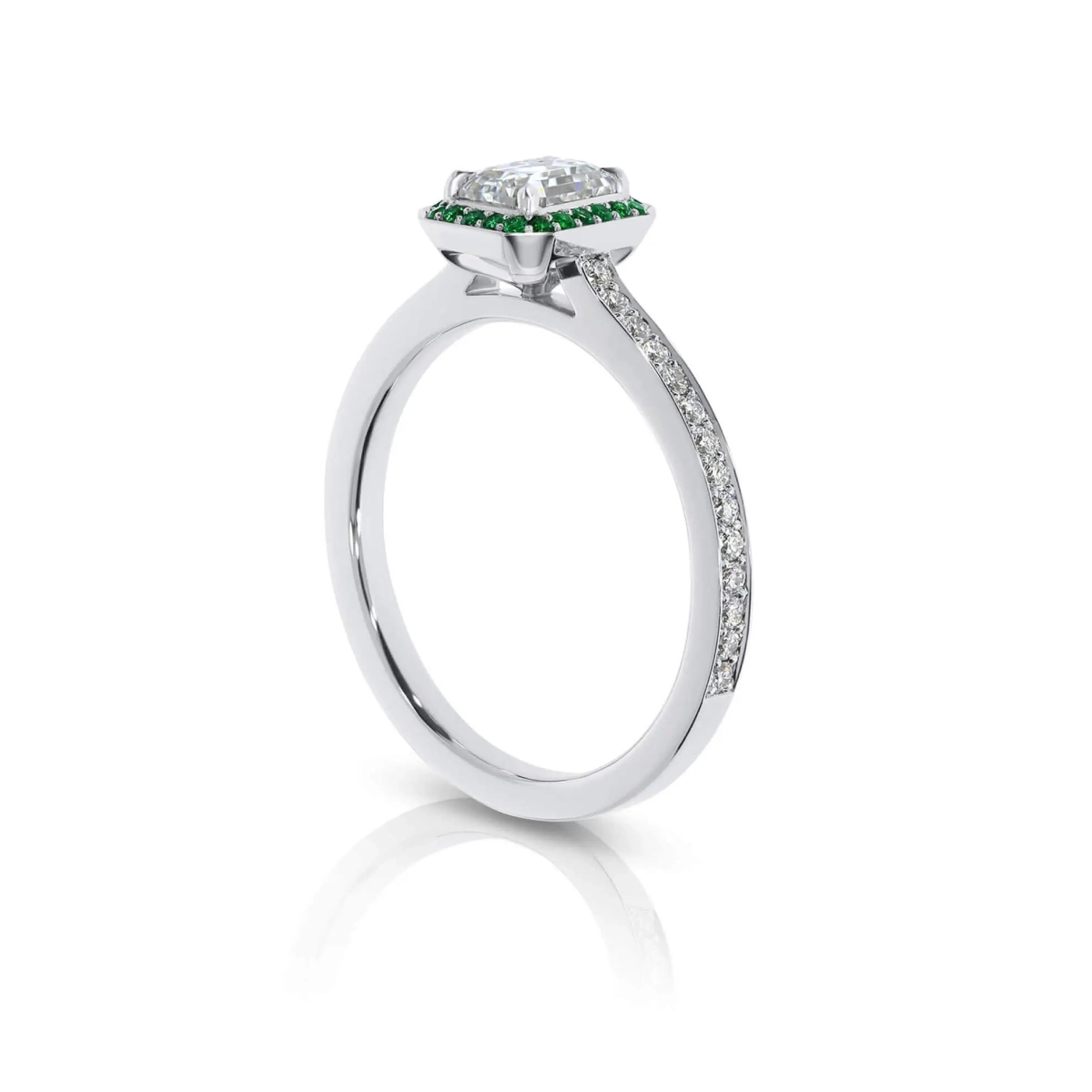 Pavé Set Emerald Cut Diamond Halo Engagement Ring