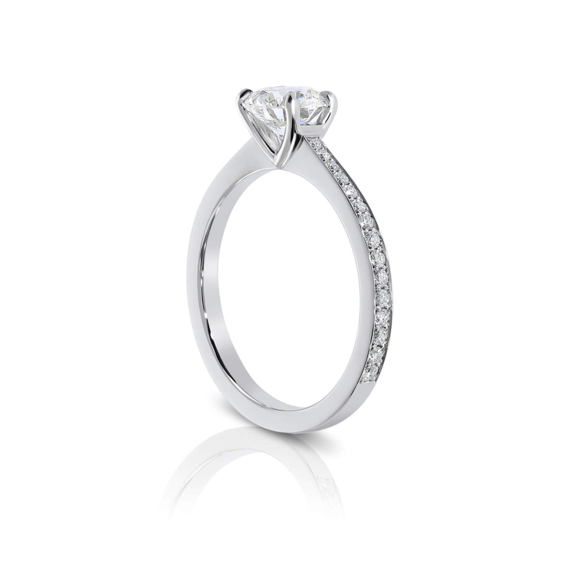 Four Claw Round Diamond Engagement Ring with Pavé Set Diamond Band