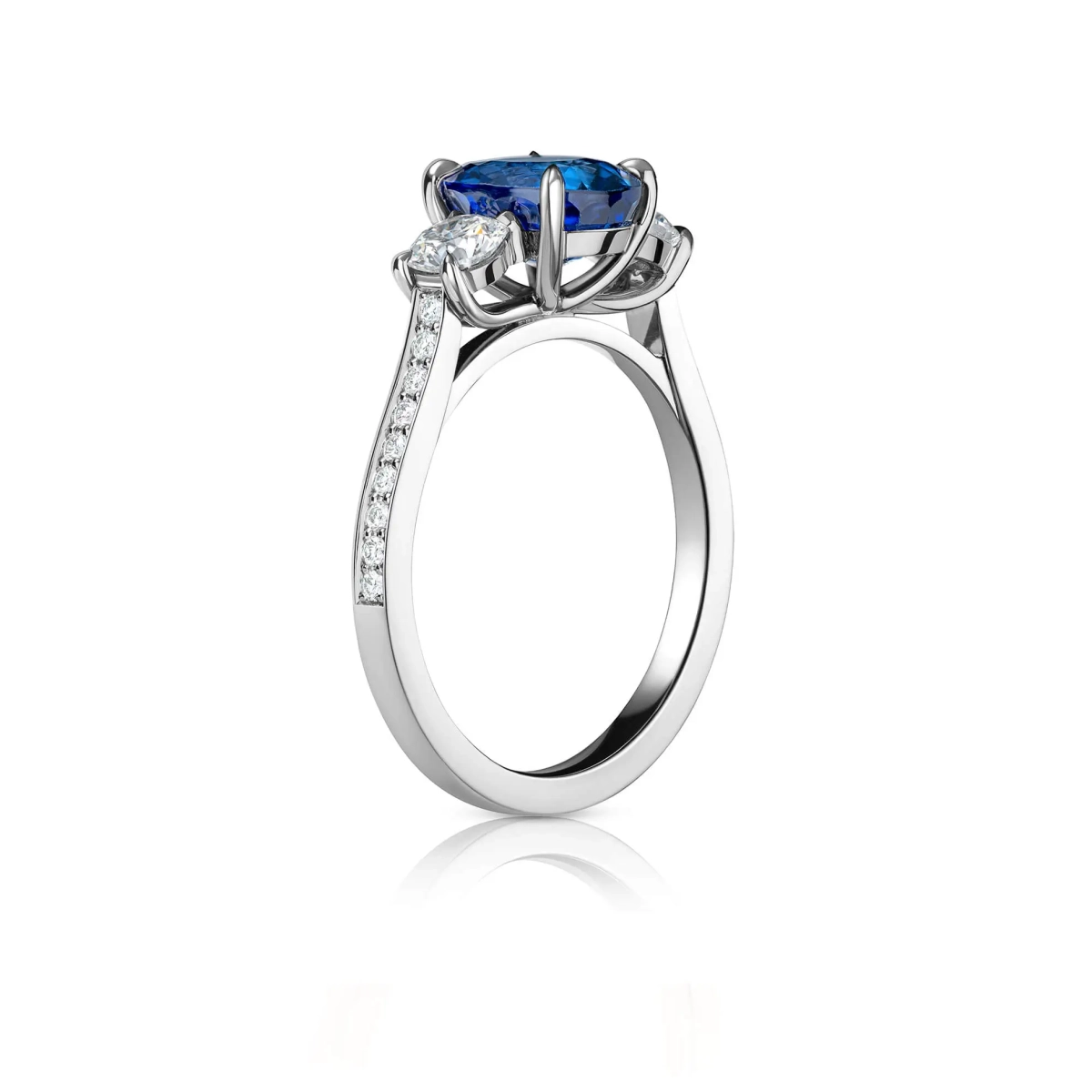Wedding Ring Friendly Blue Oval Sapphire Trilogy Ring With Round Diamond Side Stones and Pavé Set Shouldersrs