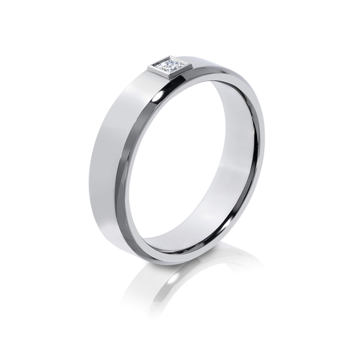 Bevelled Edge Wedding Ring With Bezel Set Princess Cut Diamond