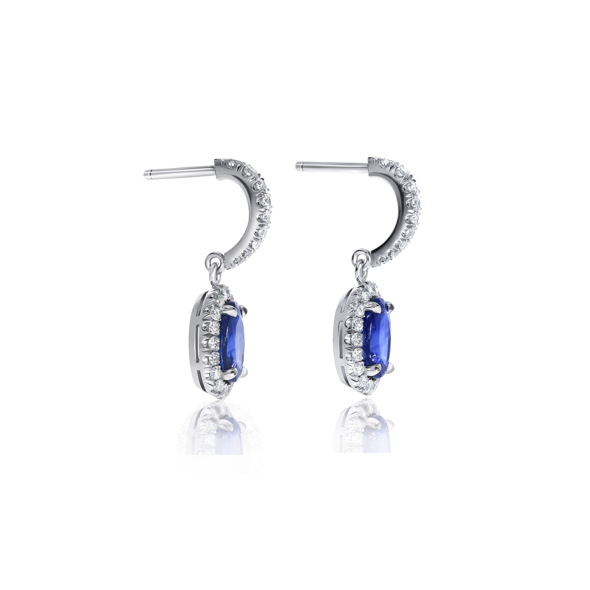 Oval Blue Sapphire Halo Drop Earrings
