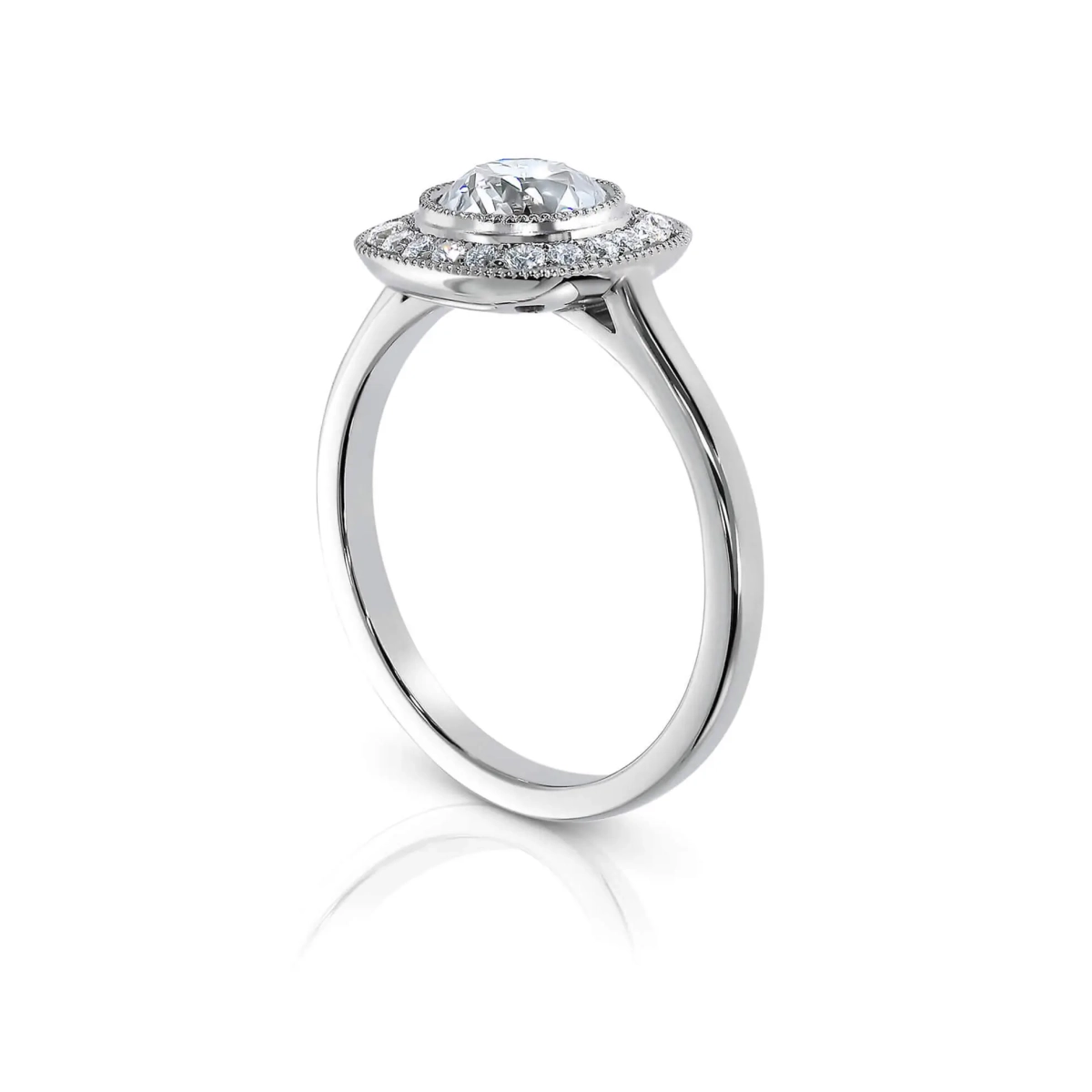 Pavé Set Milgrain Round Diamond Halo Engagement Ring